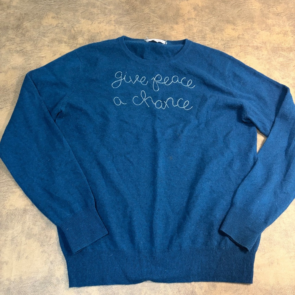 Lingua Franca Sweater Womens L Blue Give Peace a Chance Cashmere Embroidered